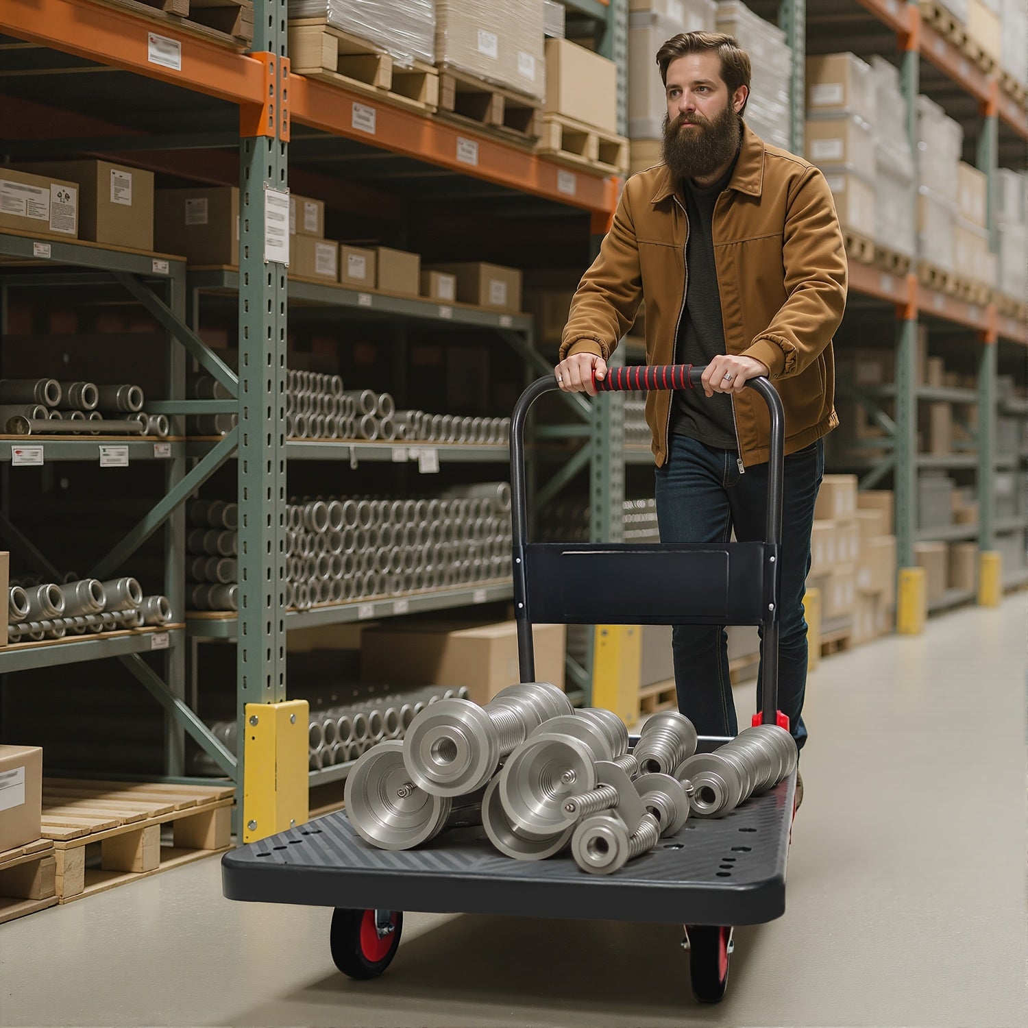 Collapsible Platform Trolley with Strong Load-bearing Capacity, A Multi-functional And Practical Flatbed Cart with 360° Rotating Silent Rubber Tires, Made Of Plastic Material, Heavy Duty Cart, Warehouse Trolley, Spacesaving