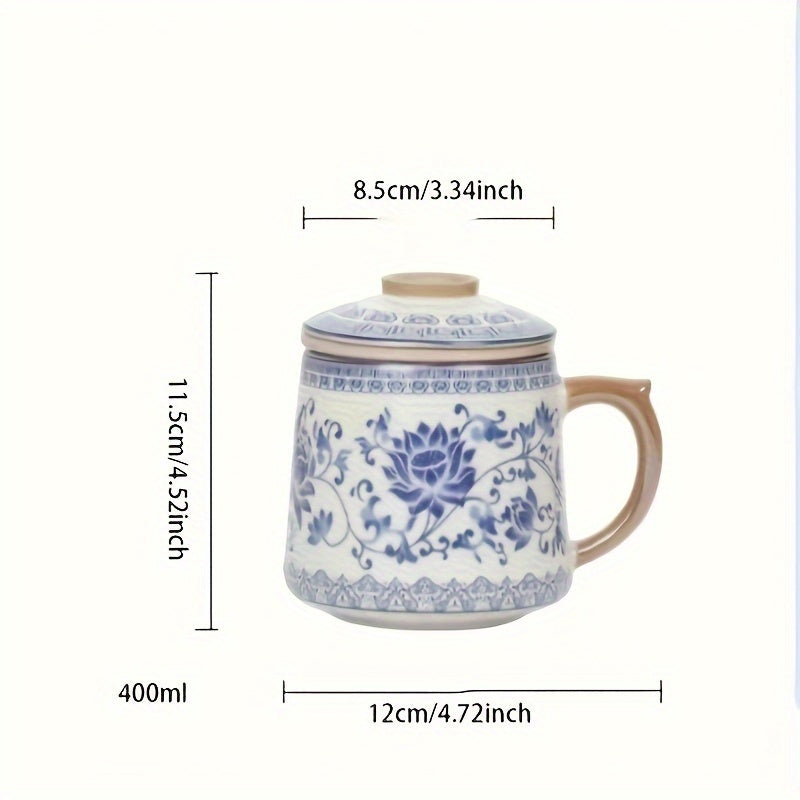 藍白汝家茶杯附蓋 - 花卉咖啡杯，手工製作，傳統中式設計，適合家庭和辦公室使用，僅限手洗，咖啡杯