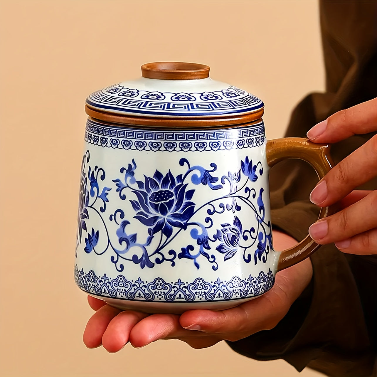 Blue and White Ru Yard Tea Cup with Lid - Floral Coffee Mug, Handcrafted Traditional Chinese Design for Home &amp; Office Use, Hand Wash Only, Coffee Cup