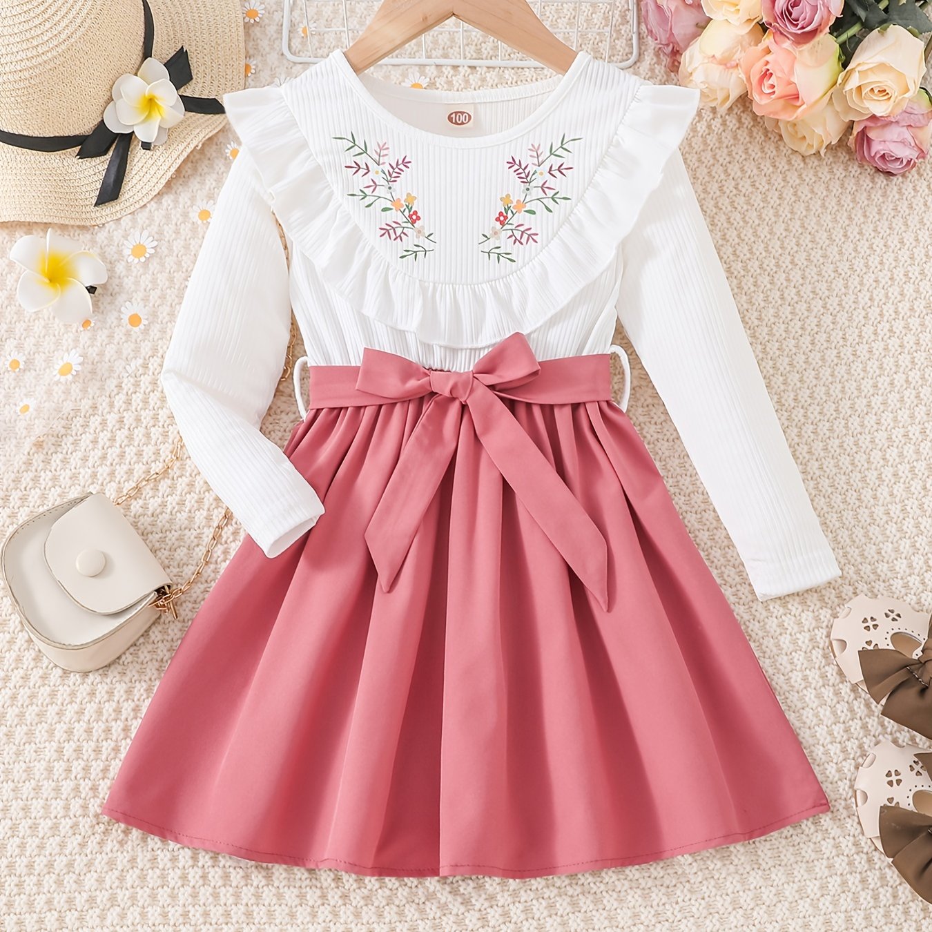 Baby Girl's Long Sleeve Floral Dress with Belt - Gentle Spring and Autumn