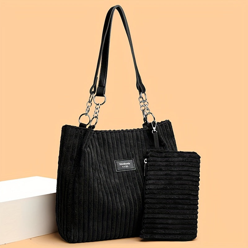Perfect Lily Women's 2pcs Corduroy Tote & Handbag Set - Elegant Large Capacity Handbags with Zipper Closure, Fixed Strap & Polyester Lining, Beige/White/Green/Black, Versatile for Daily Commute, Work, Shopping - Durable Cordu - Daisan Mart