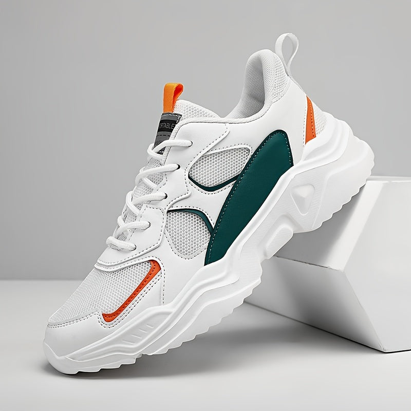 [Breathable Sneakers] Chunky Breathable Mesh Sneakers | Men's White &amp; Teal Casual Sneakers with EVA Sole, Lace-Up Design for All Seasons