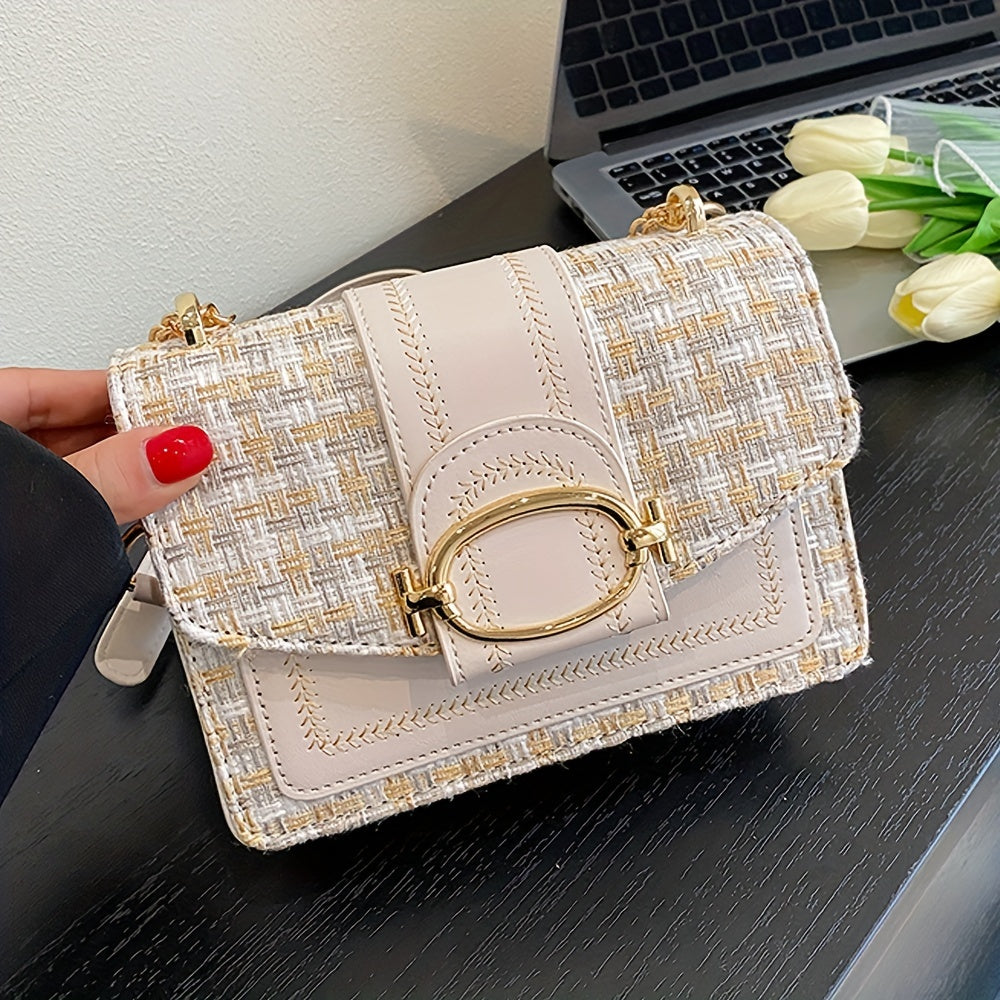 Túi Đeo Chéo Vải Tweed Caro Mini Khóa Trang Trí