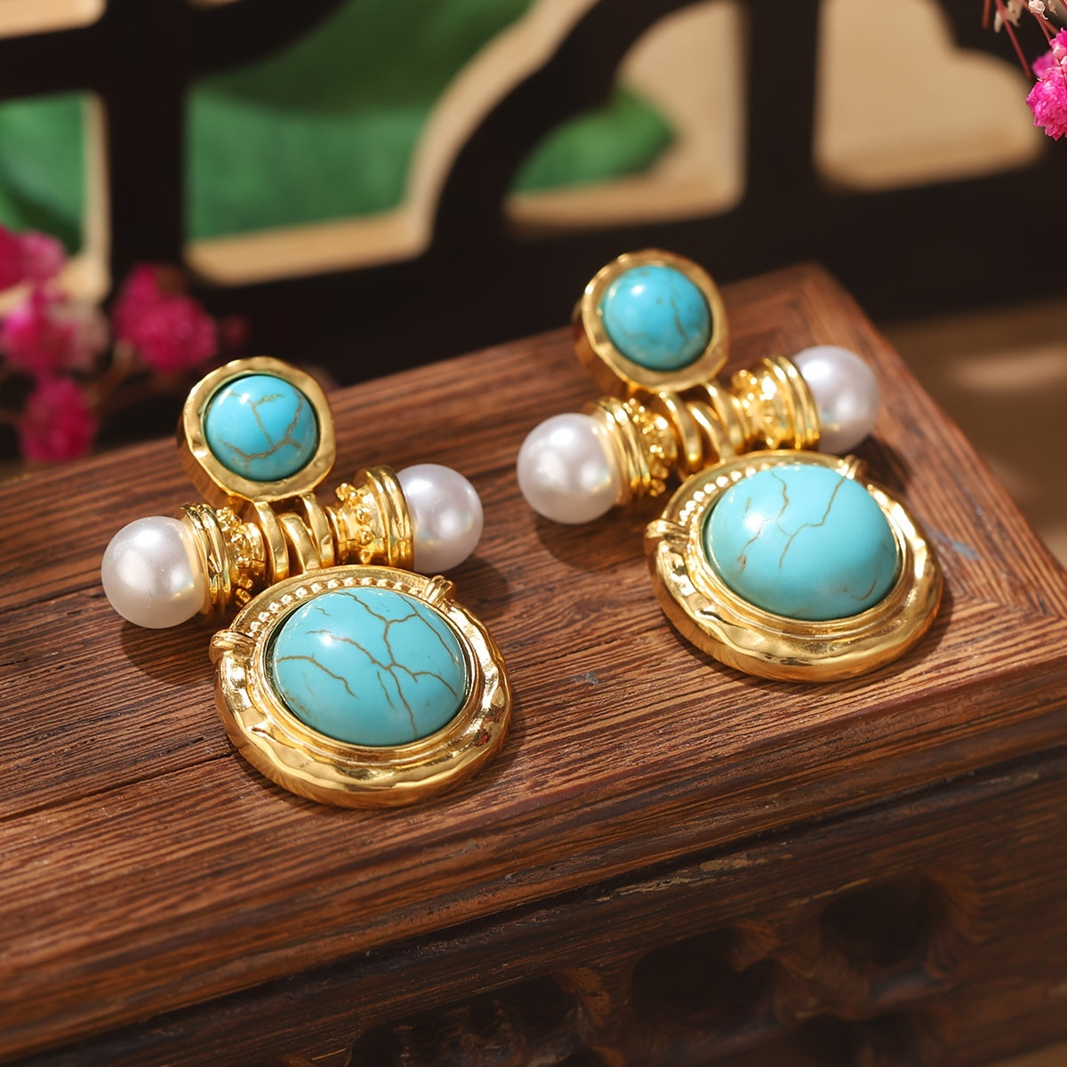 A Pair of Vintage-Style Earrings Featuring Copper Plated with Real Golden And 925 Silver Pins, Inlaid with Turquoise And Pearls, Perfect for Women As Accessories for Dates Or Parties.