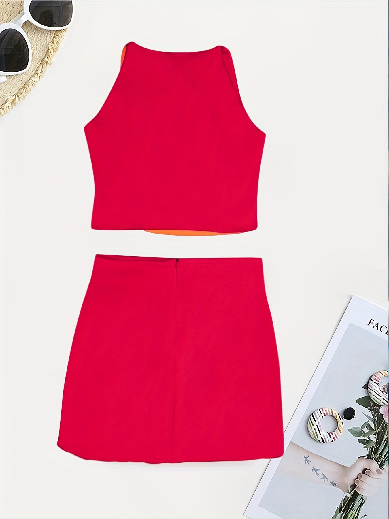 Beaded Color Block 2 Piece Set, Sexy Crop Halter Top & Asymmetrical High Waist Skirt, Women's Clothing - Daisan Mart