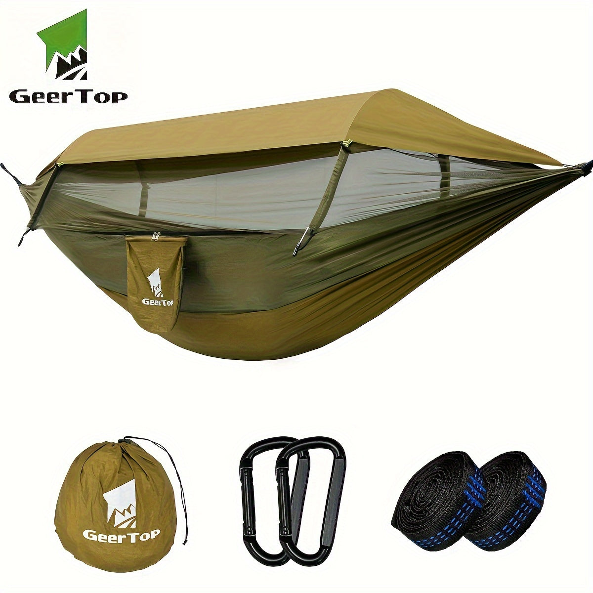 Võng dã ngoại màu xanh, đi kèm túi đựng, móc carabiner và dây đai màu đen.