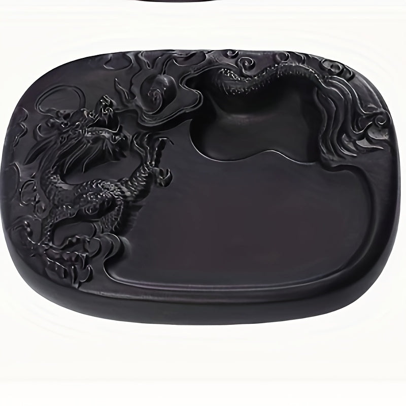 Chengni Inkstone Dragon-Carved Seal Platform - Elegant Black Oval Stone with Detailed Dragon and Cloud Design, Ideal for Traditional Chinese Calligraphy and Painting Supplies, Artistic Inkstone Platform|Dragon Motif Design|Sm