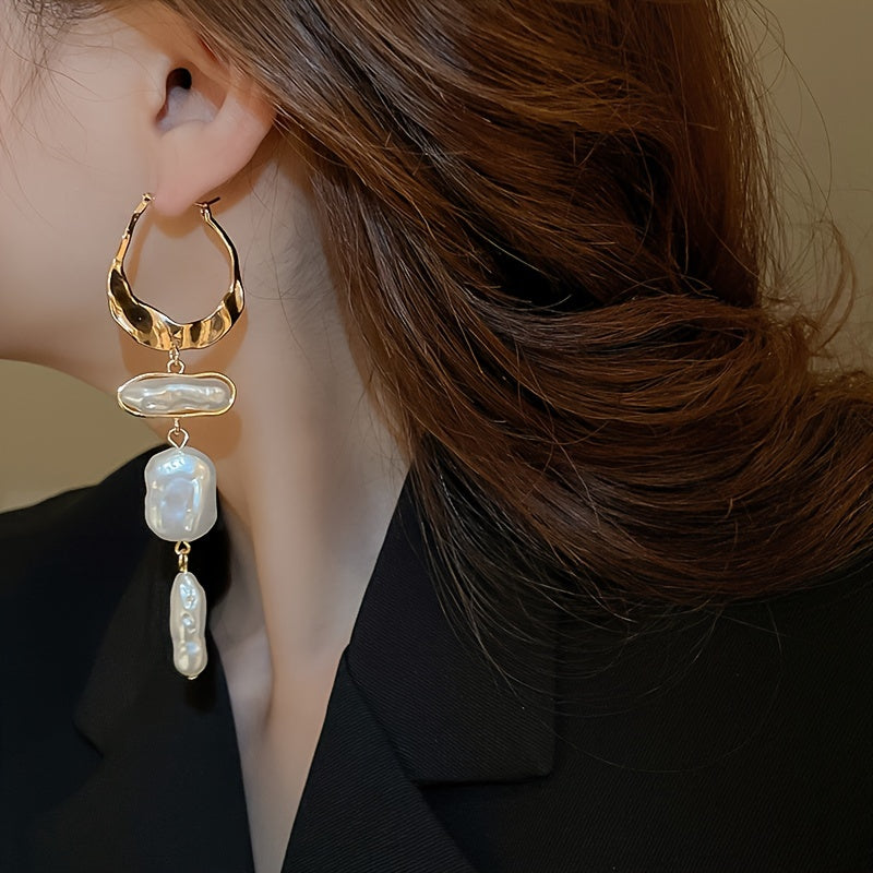 Vintage French-Style Elegant Irregular Imitation Pearl Tassel Hoop Earrings, Copper with Stainless Steel Ear Needle, Non-Plated, Versatile for Daily and Party Occasions - 1 Pair