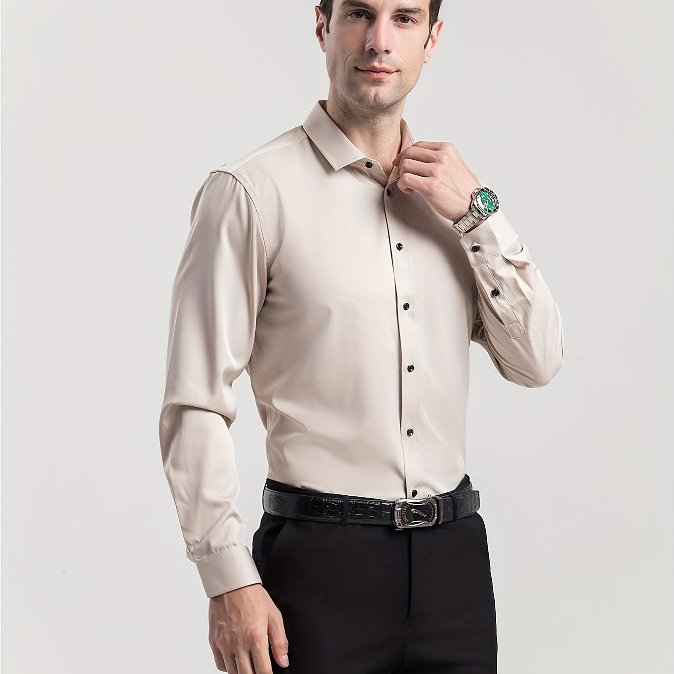 男士修身彈性正裝襯衫，輕薄商務翻領長袖襯衫，男士商務襯衫抗皺耐用純色正裝長袖襯衫，帶紐帶和口袋，適合工作、通勤、約會