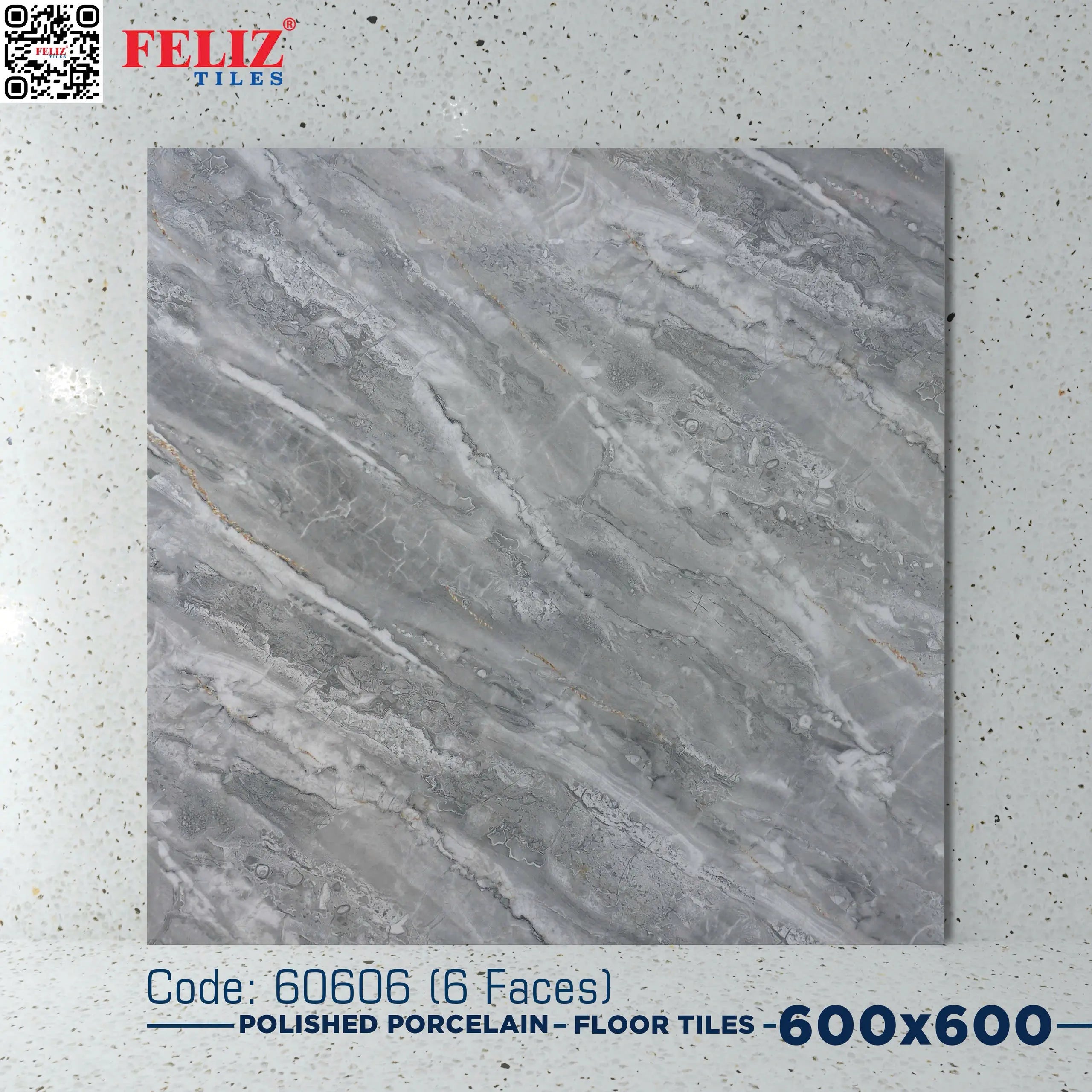 Vietnam floor tiles, glossy gray stone, 60606, size 600x600mm (4 pieces/box/1.44m2)