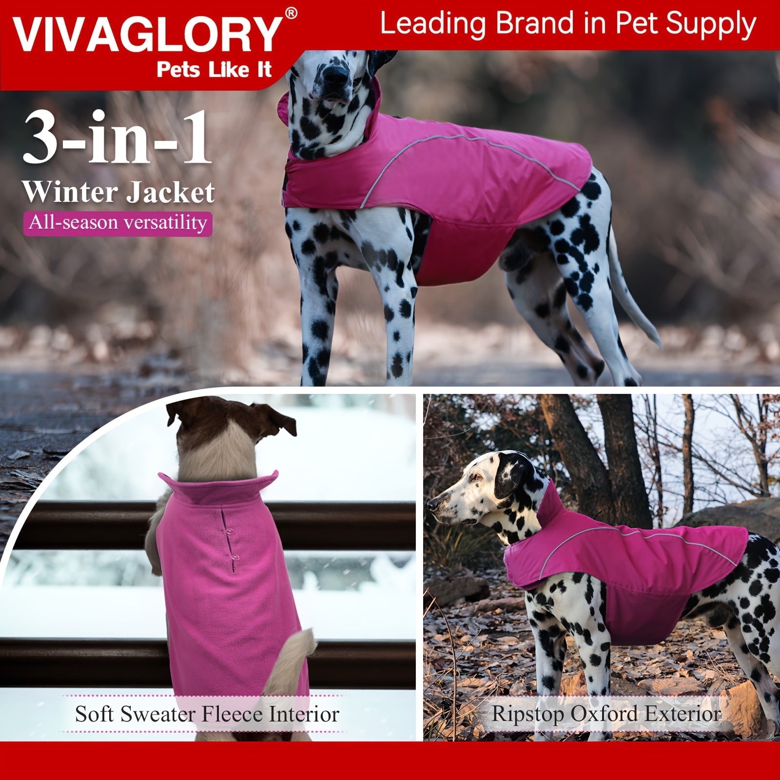 Áo Khoác Chó 3in1 VIVAGLORY Lót Lông Ấm, Có Phản Quang