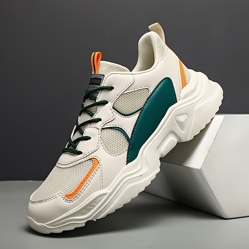 [Breathable Sneakers] Chunky Breathable Mesh Sneakers | Men's White &amp; Teal Casual Sneakers with EVA Sole, Lace-Up Design for All Seasons