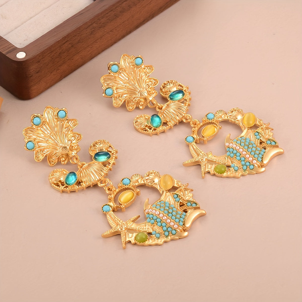 Vintage Boho Ocean-Inspired Drop & Dangle Earrings - 18K Golden Plated with Glass Mosaic, Alloy Construction, 925 Sterling Silver Ear Needle for Women, Ideal for Daily Wear and Gifting Occasions