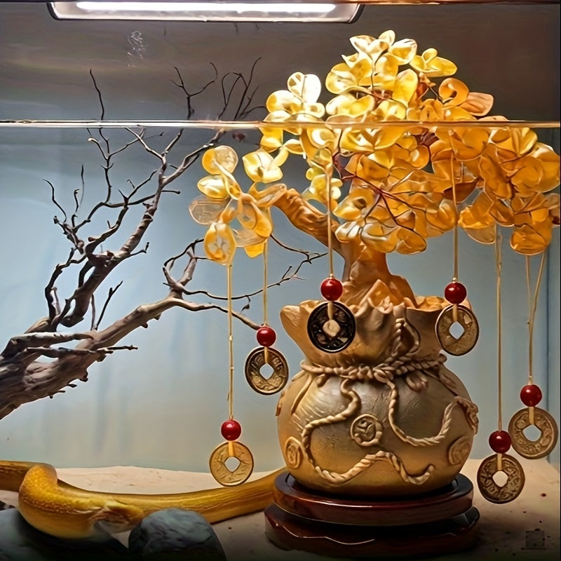 Elegant Golden Resin Wealth Tree with Natural Crystal Leaves - Attracts Prosperity & Fortune, Feng Shui-Inspired Home Decor, Unique Business Gift, Auspicious Wealth Symbol, Ideal for Reptile Habitat Tree, Feng Shui Home Decor