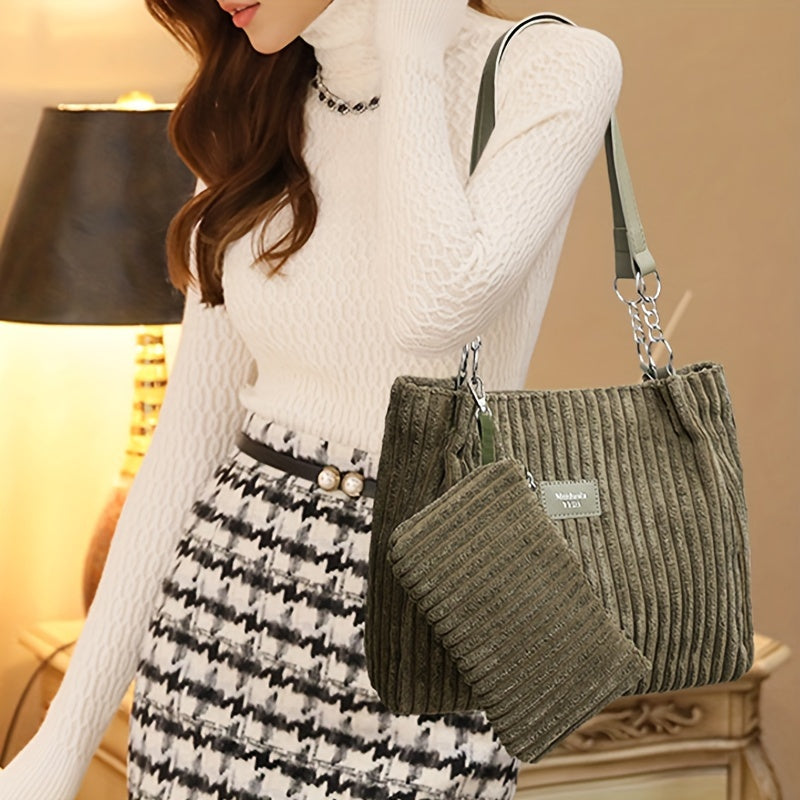 Perfect Lily Women's 2pcs Corduroy Tote & Handbag Set - Elegant Large Capacity Handbags with Zipper Closure, Fixed Strap & Polyester Lining, Beige/White/Green/Black, Versatile for Daily Commute, Work, Shopping - Durable Cordu - Daisan Mart