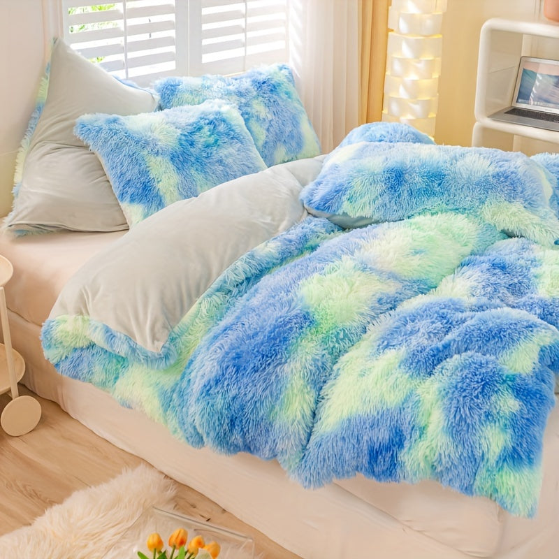 3pcs Y2K Tie Dye Plush Duvet Cover Set ( 1 Duvet Cover + 2 Pillowcase), Soft & Warm Bedding Set