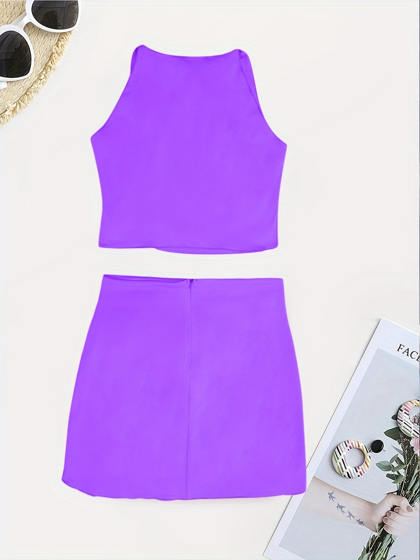 Beaded Color Block 2 Piece Set, Sexy Crop Halter Top & Asymmetrical High Waist Skirt, Women's Clothing - Daisan Mart