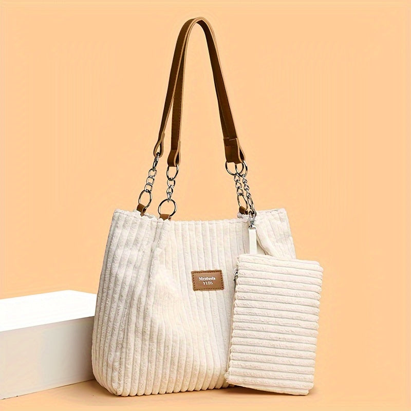 Perfect Lily Women's 2pcs Corduroy Tote & Handbag Set - Elegant Large Capacity Handbags with Zipper Closure, Fixed Strap & Polyester Lining, Beige/White/Green/Black, Versatile for Daily Commute, Work, Shopping - Durable Cordu - Daisan Mart