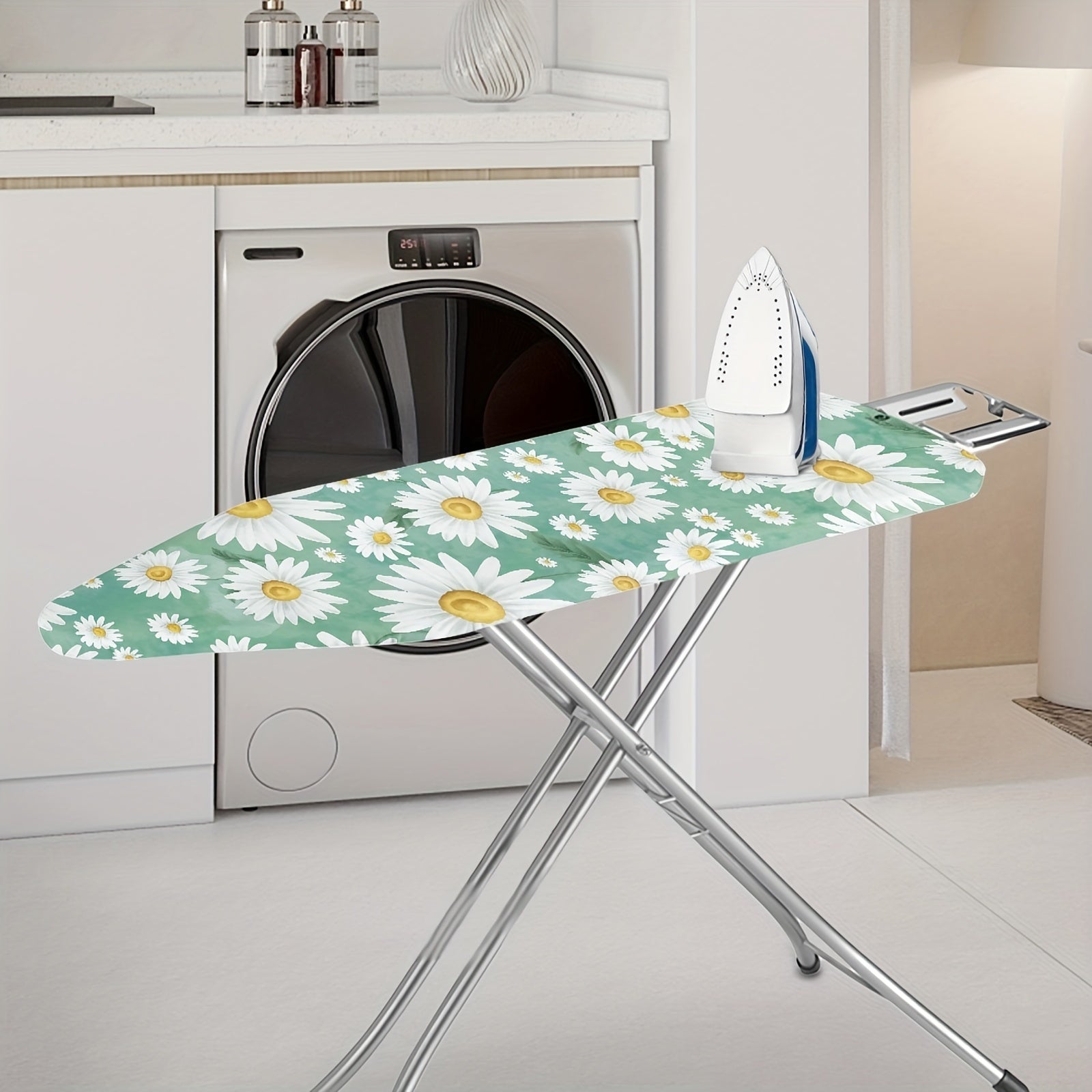 Blue Daisy Flower Ironing Board Cover - Dust-Proof Polyester Washable Ironing Board Protector with Elastic Edges for Standard Sizes (52-55" Length, 13-16" Width)
