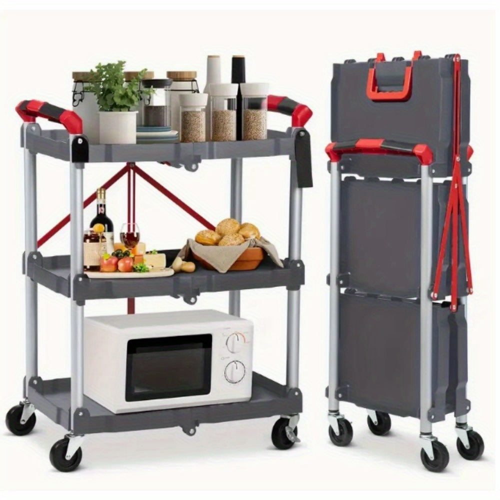 Heavy-Duty 3-Tier Folding Wheeled Cart with 56 lbs Load Capacity per Shelf - Portable Metal Service Cart with 4-Wheel Mobility, Sturdy Frame &amp; Red Accents