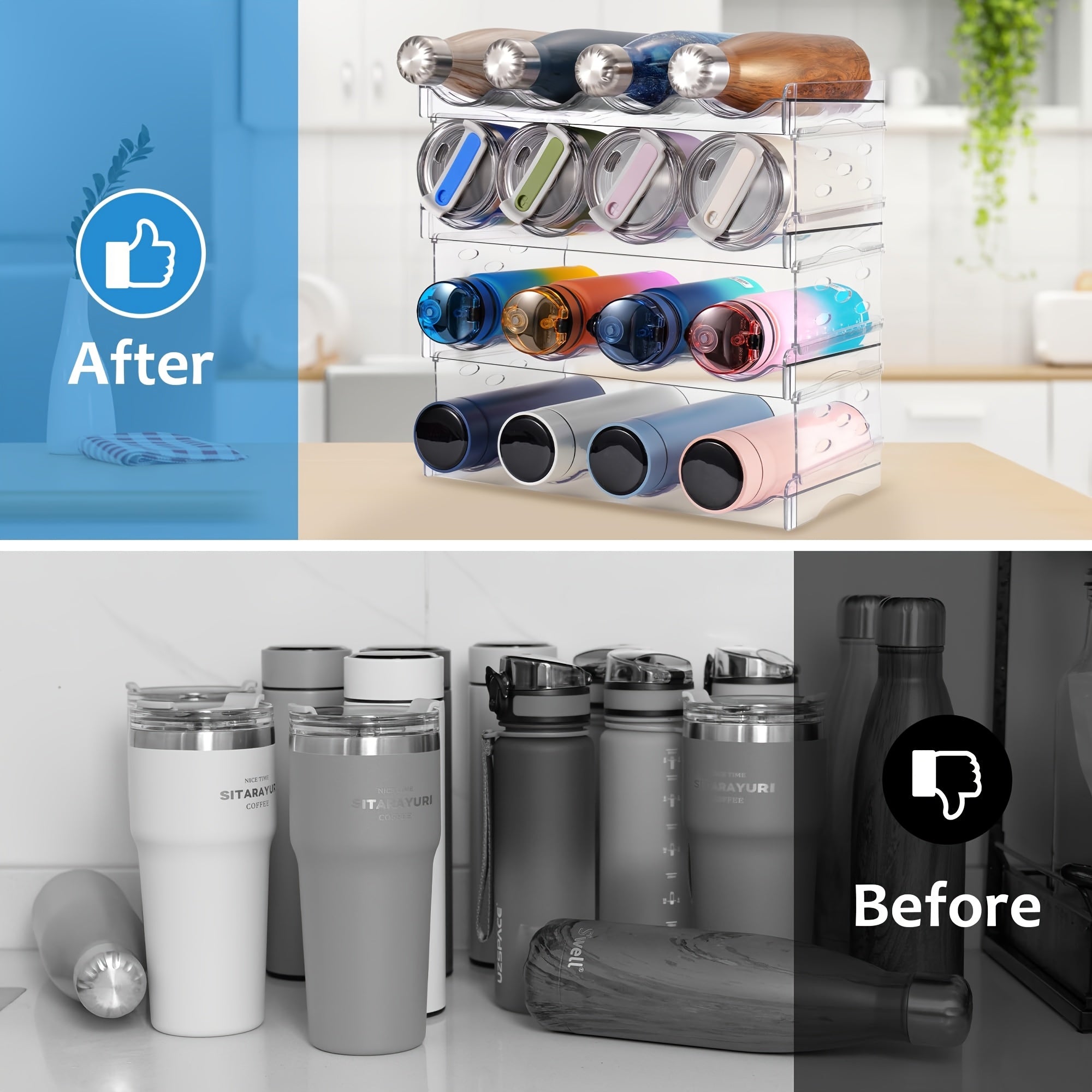 4-Tier Stackable Water Bottle Organizer - Clear Plastic Kitchen Cabinet Storage Rack Holds 16 Bottles, Space-Saving Design for Home, Office, Pantry Organization, Kitchen Organizer, Office Supply Storage, Sleek Appearance, Tra