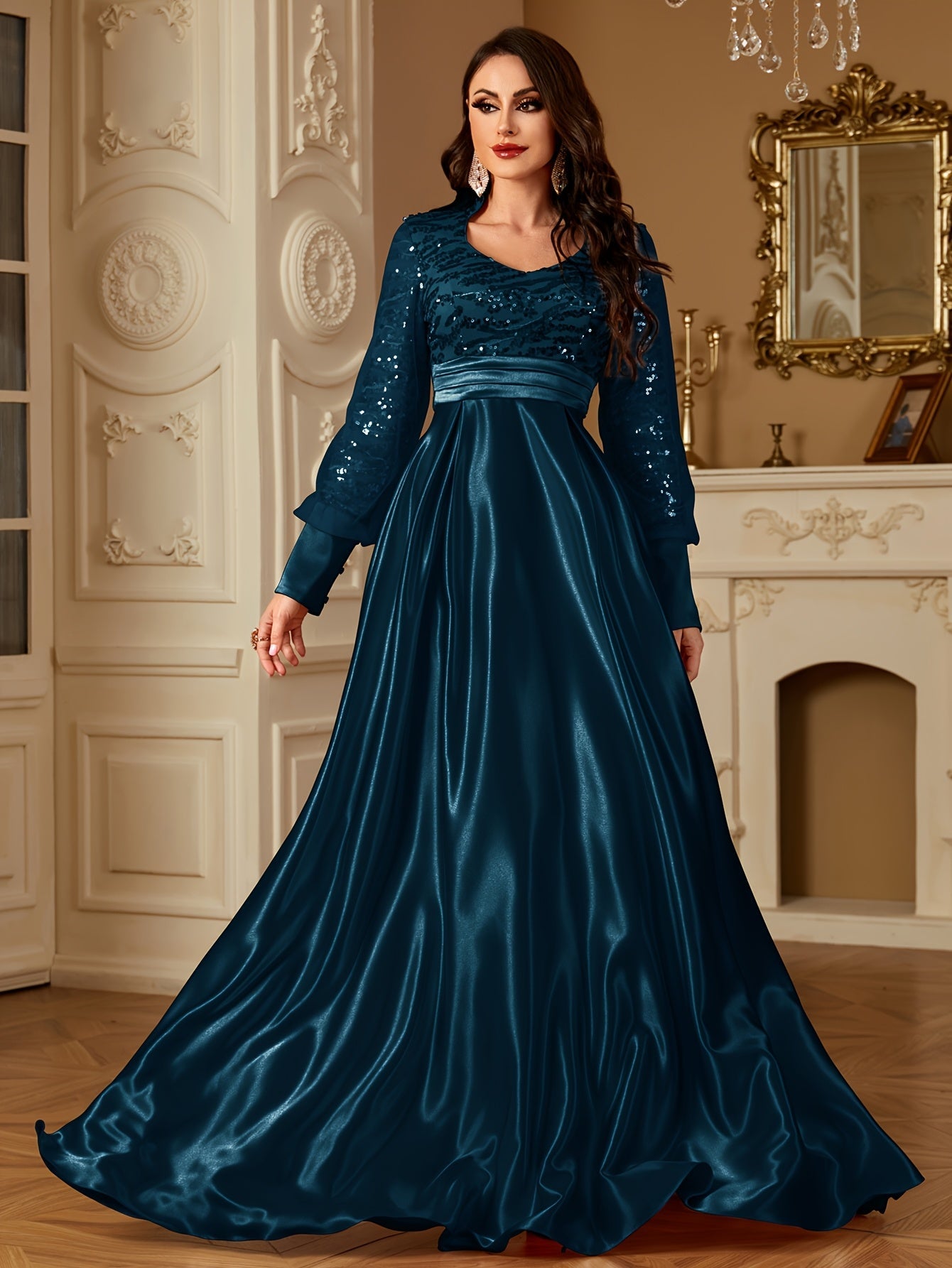 XUIBOL Women's Elegant Long Sleeve Satin Evening Gown - Waist-Cinching Slim Fit A-Line Dress with Sparkling Pearl & Sequin Embellishments, Round Neck Floor-Length Formal Party Dress for Weddings & Galas - Daisan Mart