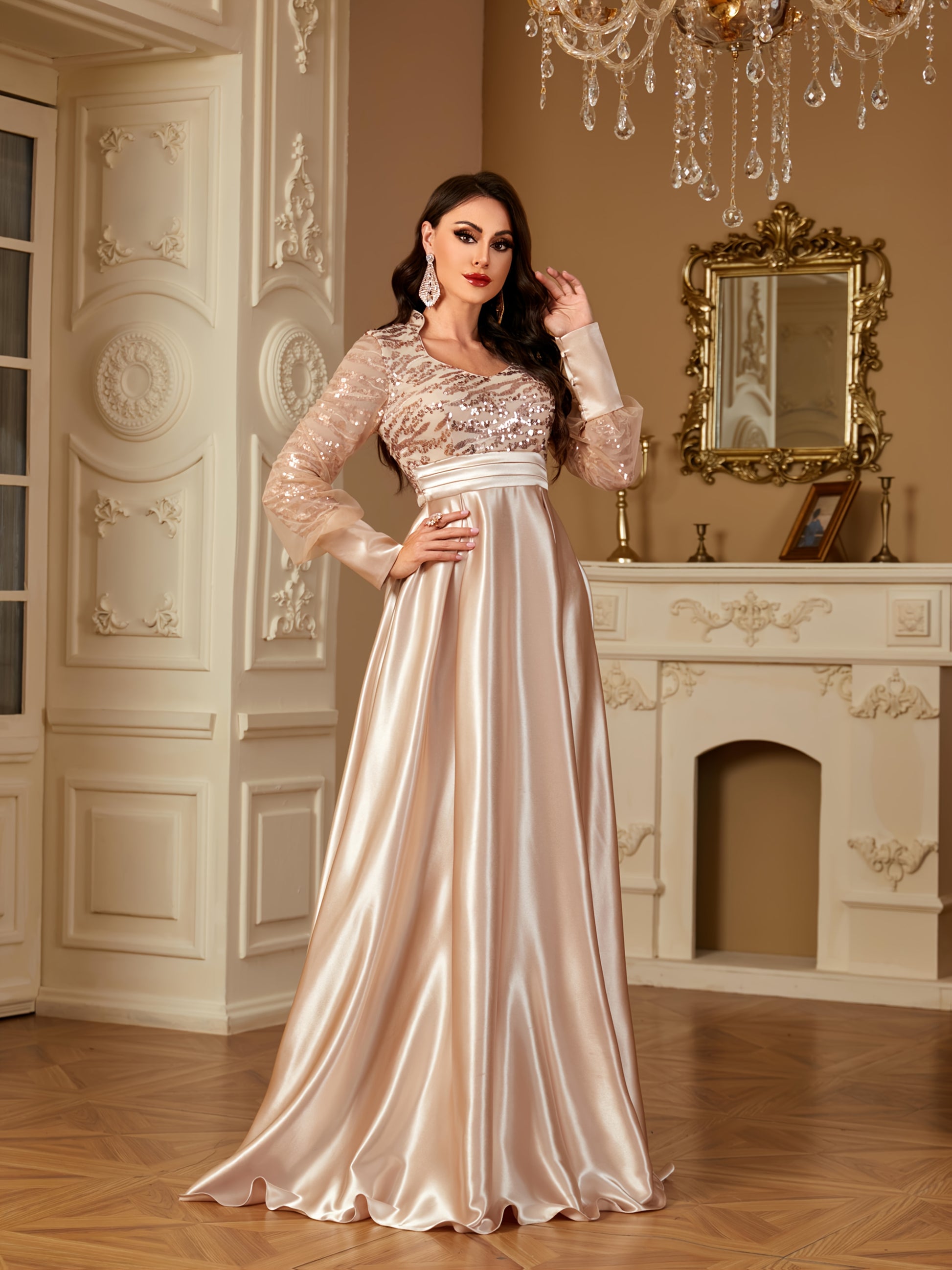 XUIBOL Women's Elegant Long Sleeve Satin Evening Gown - Waist-Cinching Slim Fit A-Line Dress with Sparkling Pearl & Sequin Embellishments, Round Neck Floor-Length Formal Party Dress for Weddings & Galas - Daisan Mart