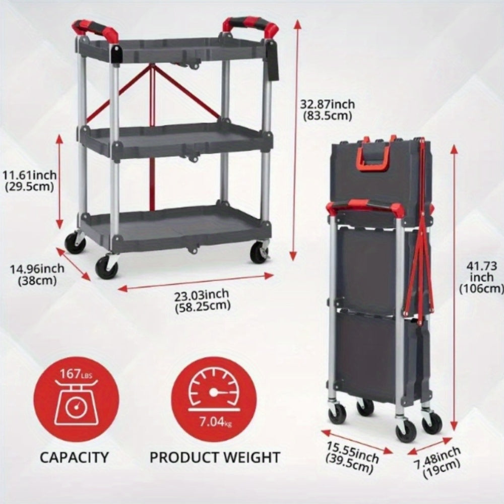 Heavy-Duty 3-Tier Folding Wheeled Cart with 56 lbs Load Capacity per Shelf - Portable Metal Service Cart with 4-Wheel Mobility, Sturdy Frame &amp; Red Accents