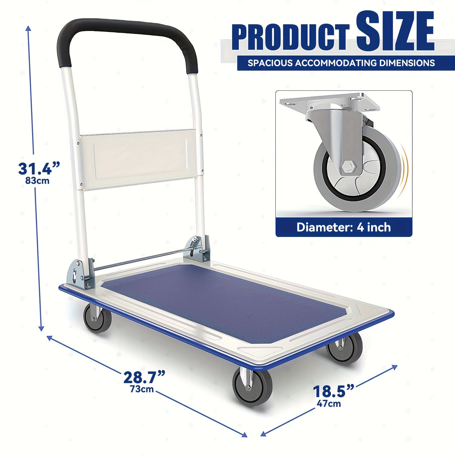 A Foldable Platform Hand Truck With High Load-bearing Capacity, Crafted From Carbon Steel, Features Two 360° Silent Swivel Wheels And Two Fixed Silent Wheels For Easy Transportation Of Boxes, Furniture, And Appliances. Ideal