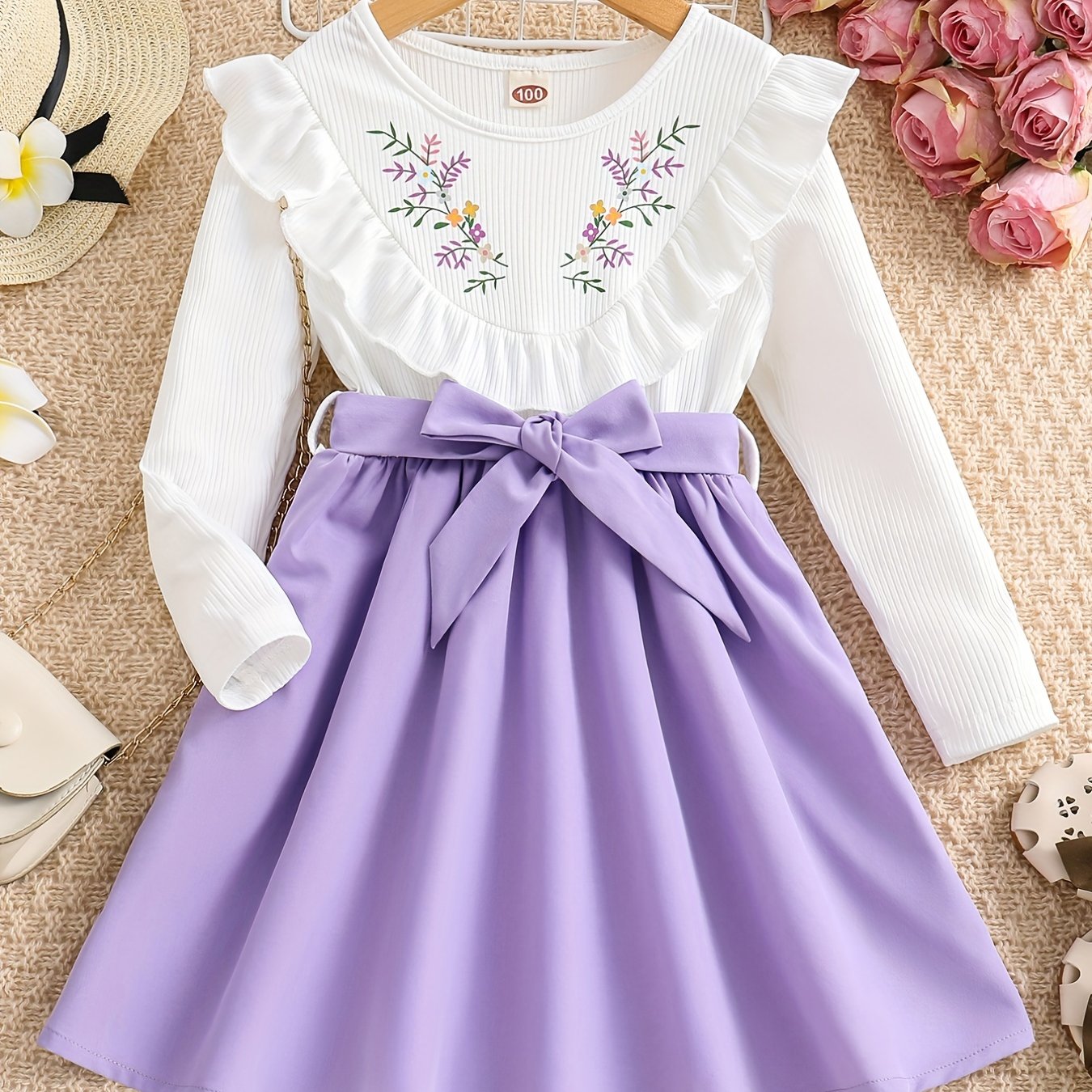 Baby Girl's Long Sleeve Floral Dress with Belt - Gentle Spring and Autumn