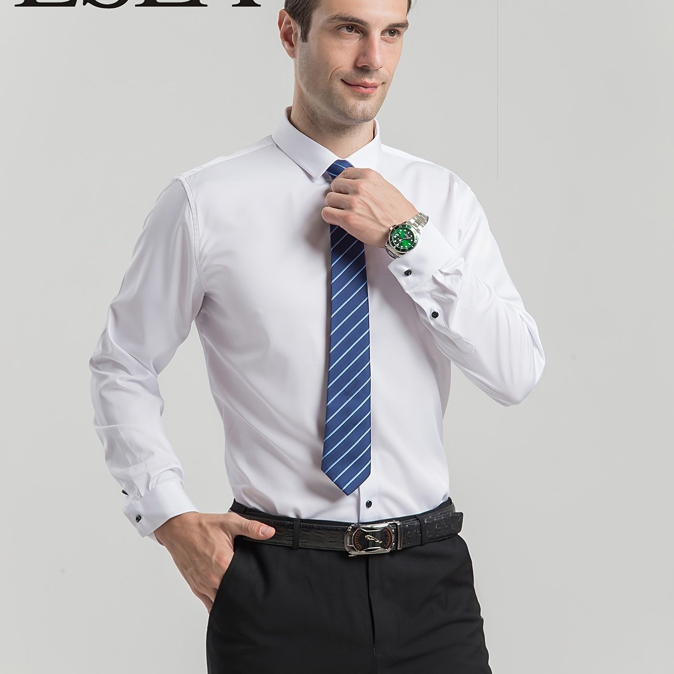 男士修身彈性正裝襯衫，輕薄商務翻領長袖襯衫，男士商務襯衫抗皺耐用純色正裝長袖襯衫，帶紐帶和口袋，適合工作、通勤、約會
