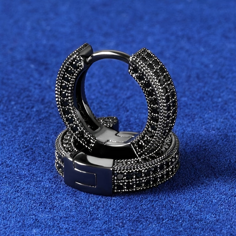 Men's Black Hoop Earrings - Sleek Modern Design with Sparkling Crystals, High-Quality Durable Metal, Versatile for Casual &amp; Formal Wear, Trendy Earrings, Fashion Statement, Contemporary Jewelry, Polished Finish, Statement Pie