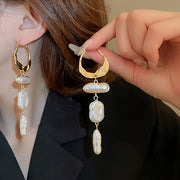 Vintage French-Style Elegant Irregular Imitation Pearl Tassel Hoop Earrings, Copper with Stainless Steel Ear Needle, Non-Plated, Versatile for Daily and Party Occasions - 1 Pair