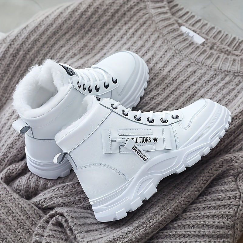 [Warm Fleece-Lined Winter Boots] Warm Fleece-Lined Women's Winter High-Top Boots - Thick Rubber Sole, Lace-Up Casual Style, White & Beige, Perfect for Cold Weather Comfort - Daisan Mart