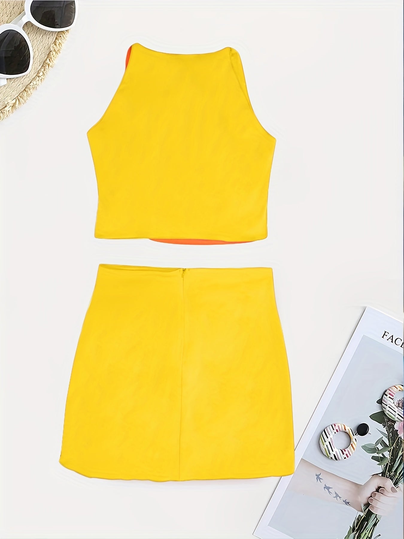Beaded Color Block 2 Piece Set, Sexy Crop Halter Top & Asymmetrical High Waist Skirt, Women's Clothing - Daisan Mart
