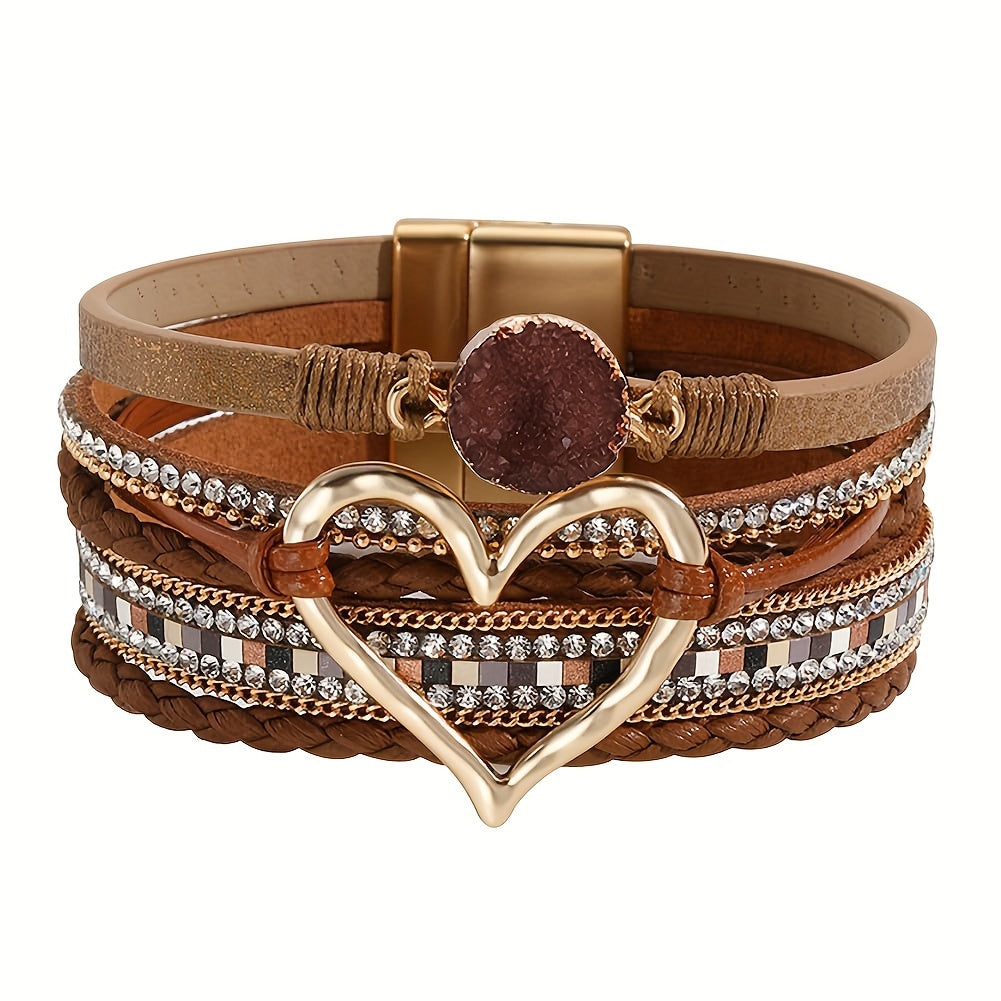 [Boho Chic Heart Bracelet] Boho Chic Multi-Layer PU Leather Magnetic Clasp Bracelet - Black Braided Design & Crystal Accents, Golden-Tone Metal Heart Pendant, Elegant Love Heart - Daisan Mart