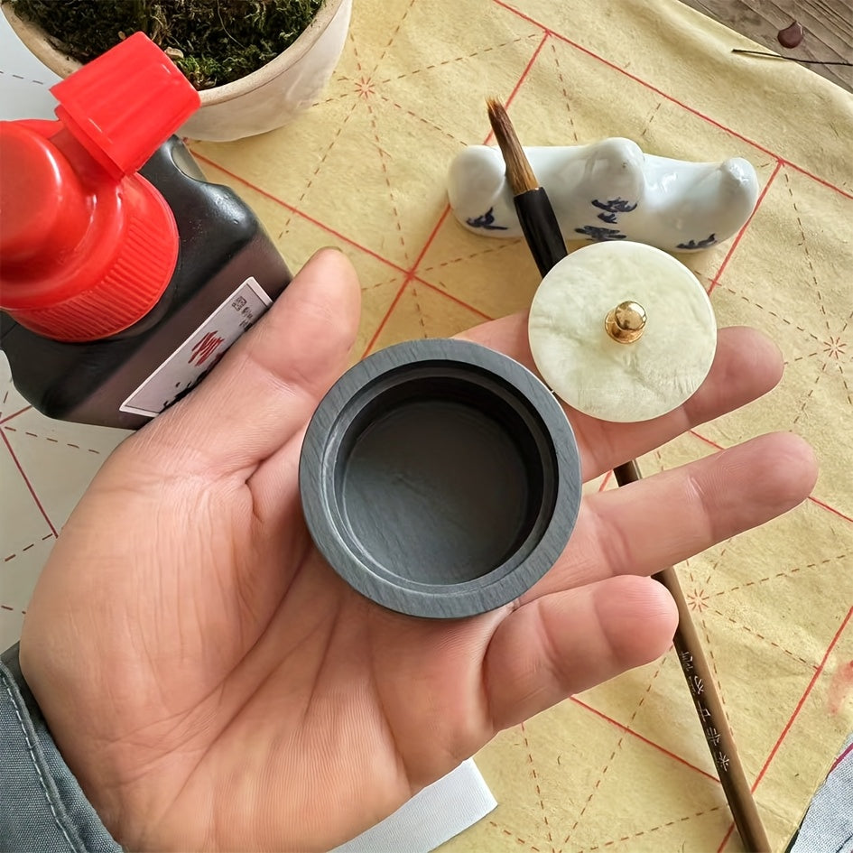 Mini Inkstone with Lid, Calligraphy, Natural Stone Processed Inkstone for Copying Sutras, Small Script Grinding Inkwell, Artificial Jade Cover Random Color