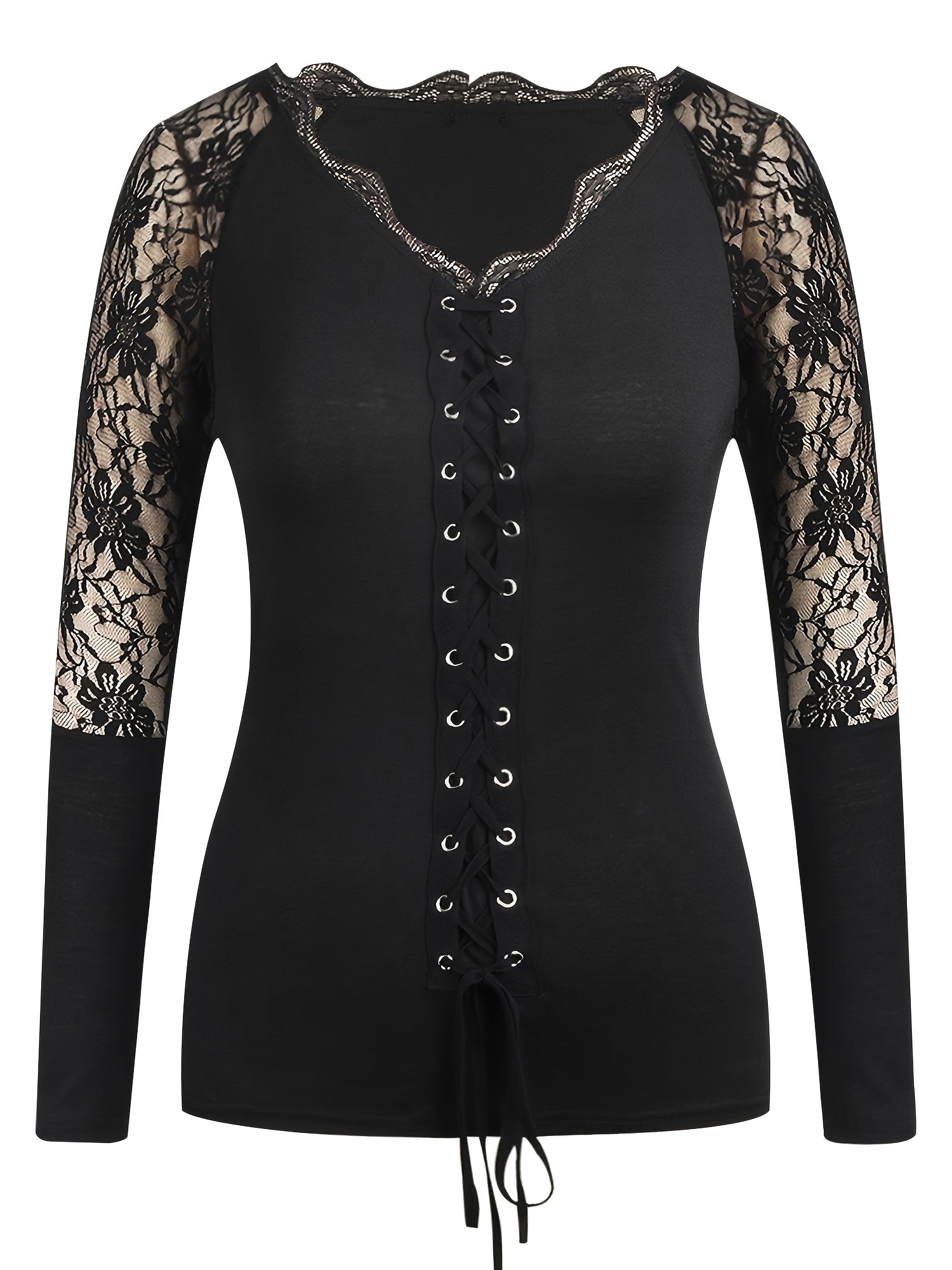 [Sexy Blouse] Sexy V Neck Lace Long Sleeve Blouse Tops | Womens Gothic Casual US - Daisan Mart