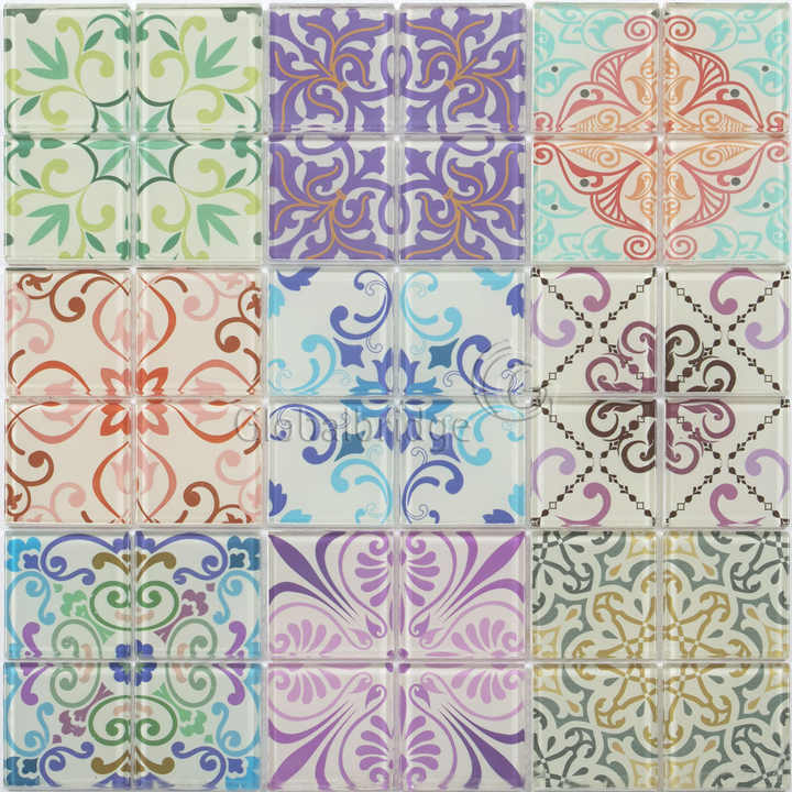 Colorful inkjet printed crystal glass mosaic tiles decorative glass wall art 