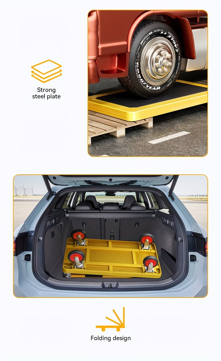 A Foldable Platform Hand Truck With High Load-bearing Capacity, Crafted From Carbon Steel, Features Two 360° Silent Swivel Wheels And Two Fixed Silent Wheels For Easy Transportation Of Boxes, Furniture, And Appliances. Ideal