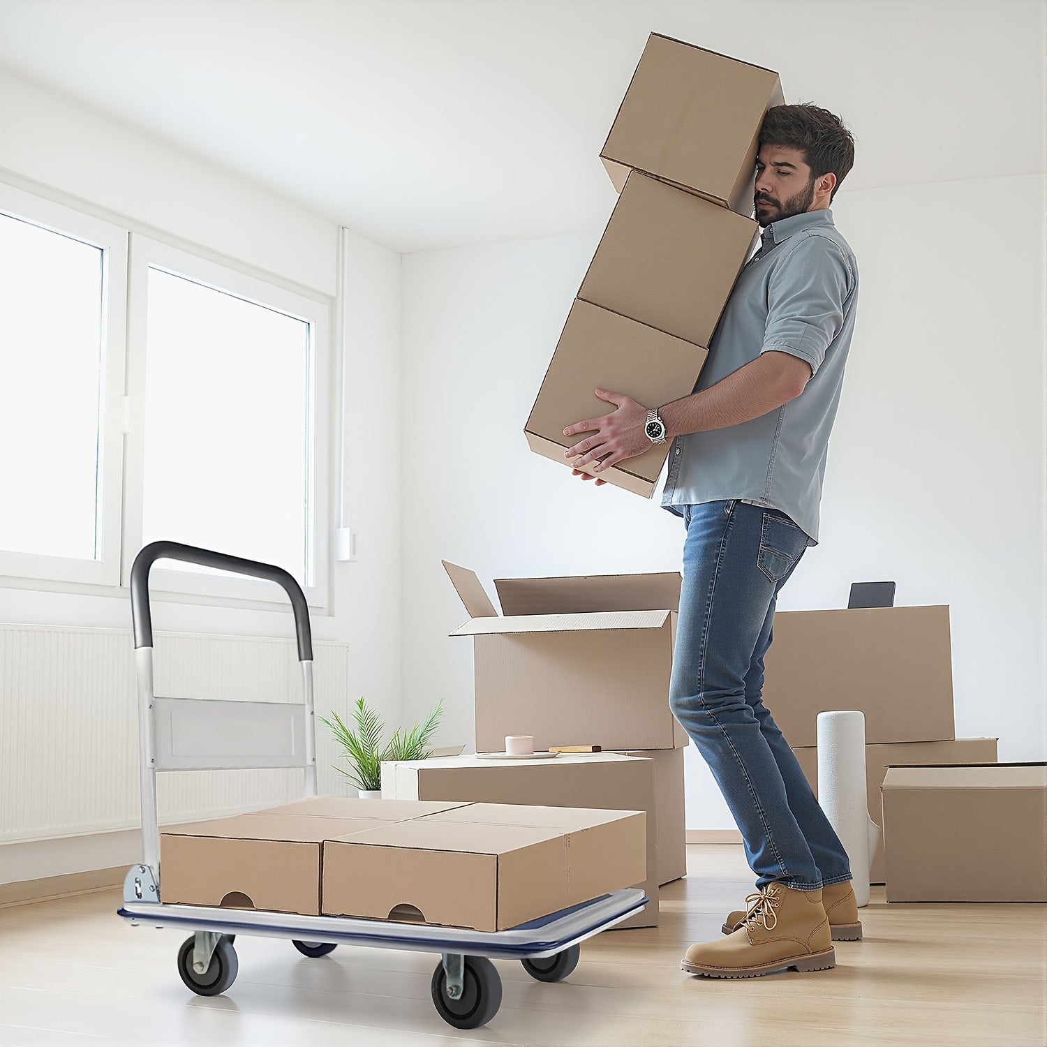 A Foldable Platform Hand Truck With High Load-bearing Capacity, Crafted From Carbon Steel, Features Two 360° Silent Swivel Wheels And Two Fixed Silent Wheels For Easy Transportation Of Boxes, Furniture, And Appliances. Ideal
