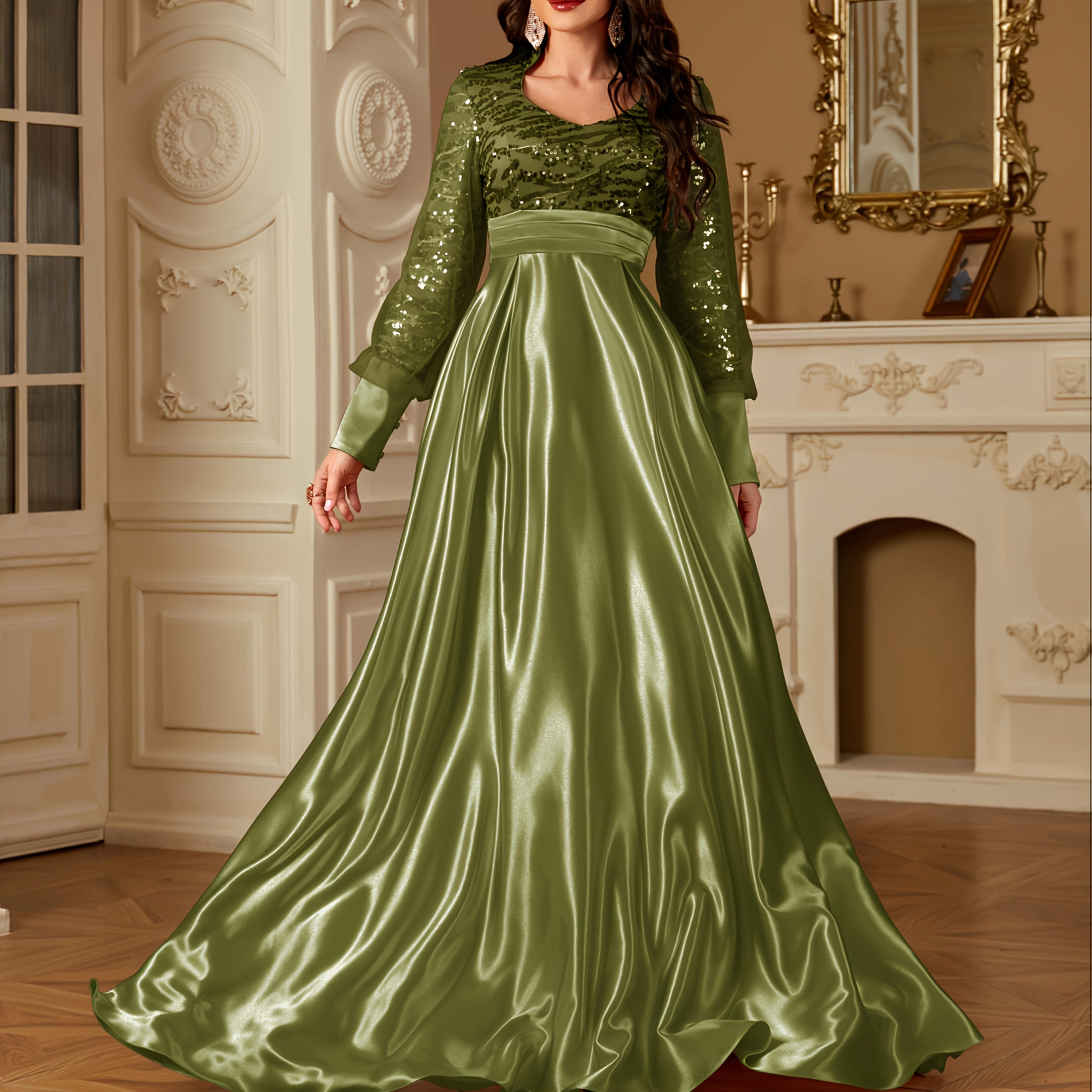 XUIBOL Women's Elegant Long Sleeve Satin Evening Gown - Waist-Cinching Slim Fit A-Line Dress with Sparkling Pearl & Sequin Embellishments, Round Neck Floor-Length Formal Party Dress for Weddings & Galas - Daisan Mart
