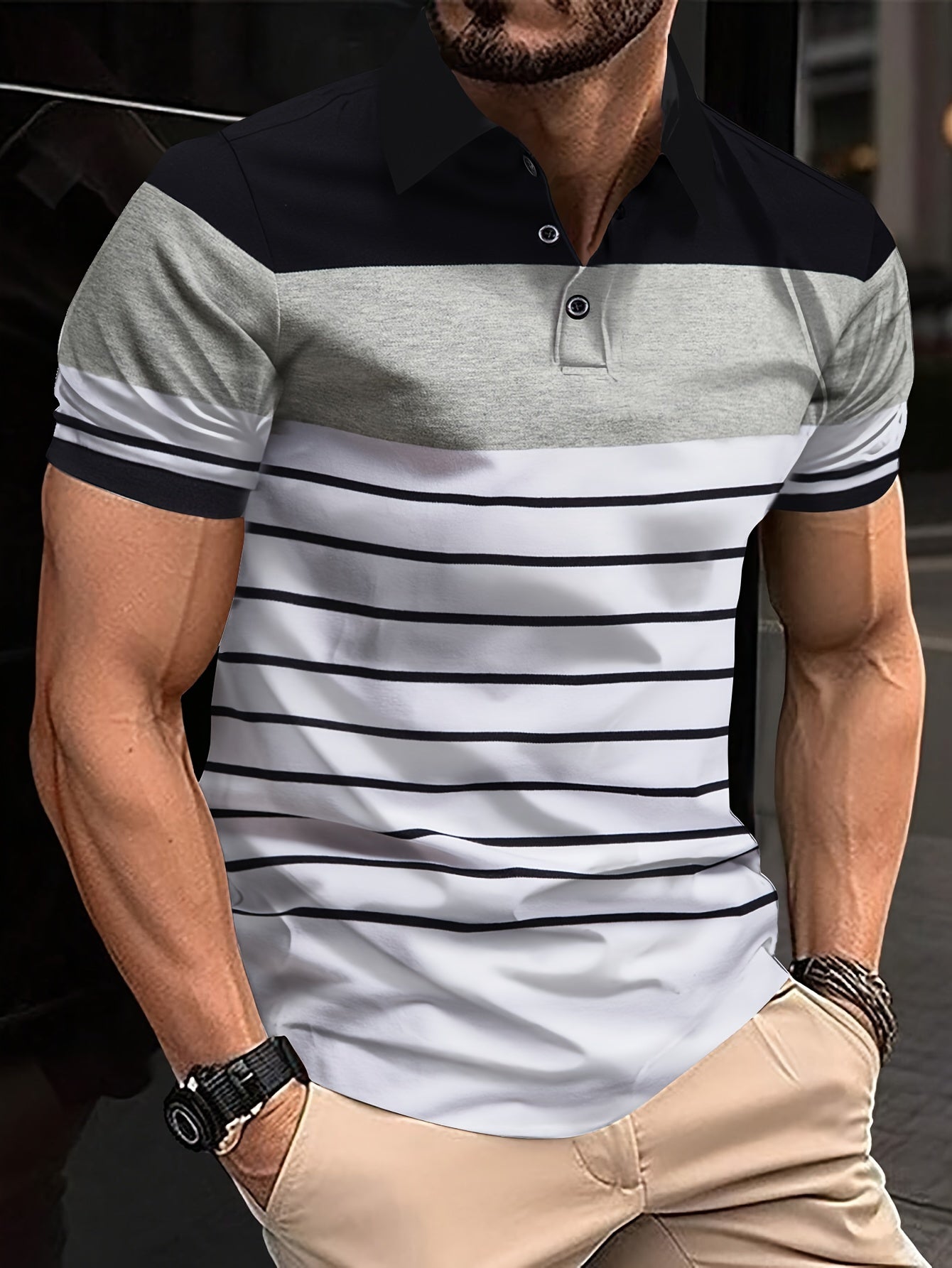 Men's Striped Golf Shirt, Breathable, Half-Cuff Short Sleeve