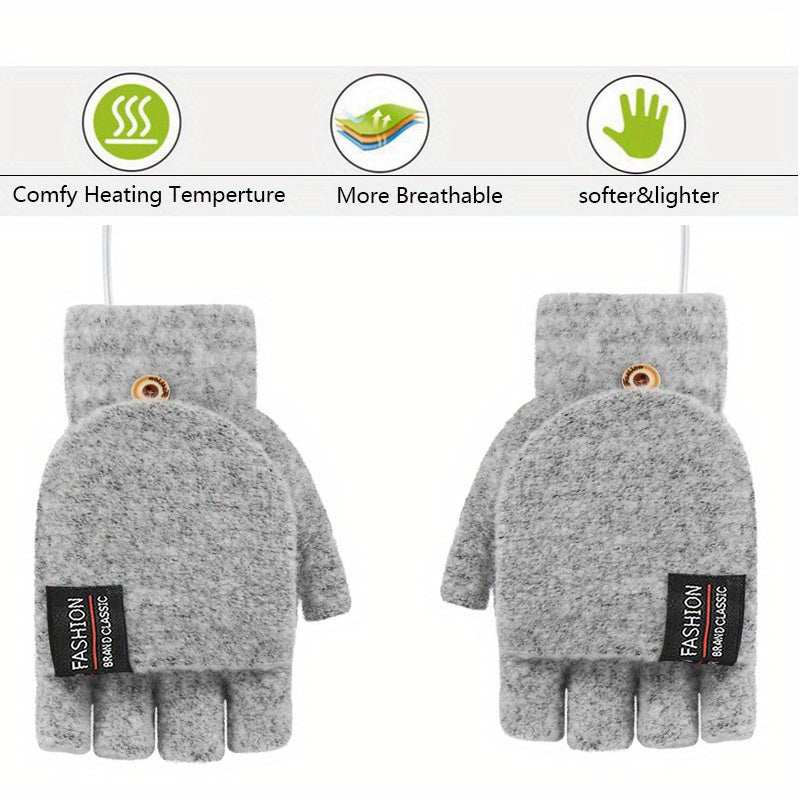 USB Interface Electronic Warmer, Male And Female Universal USB Heating Gloves Knitted Semi Heated Fingerless+Flip Heating Heater with Button Washable Design Gloves for Winter Hand Warmth Laptop Gloves, Without Battery