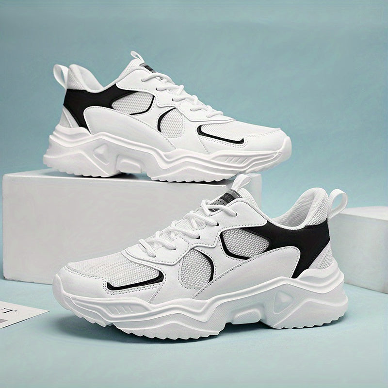 [Breathable Sneakers] Chunky Breathable Mesh Sneakers | Men's White &amp; Teal Casual Sneakers with EVA Sole, Lace-Up Design for All Seasons