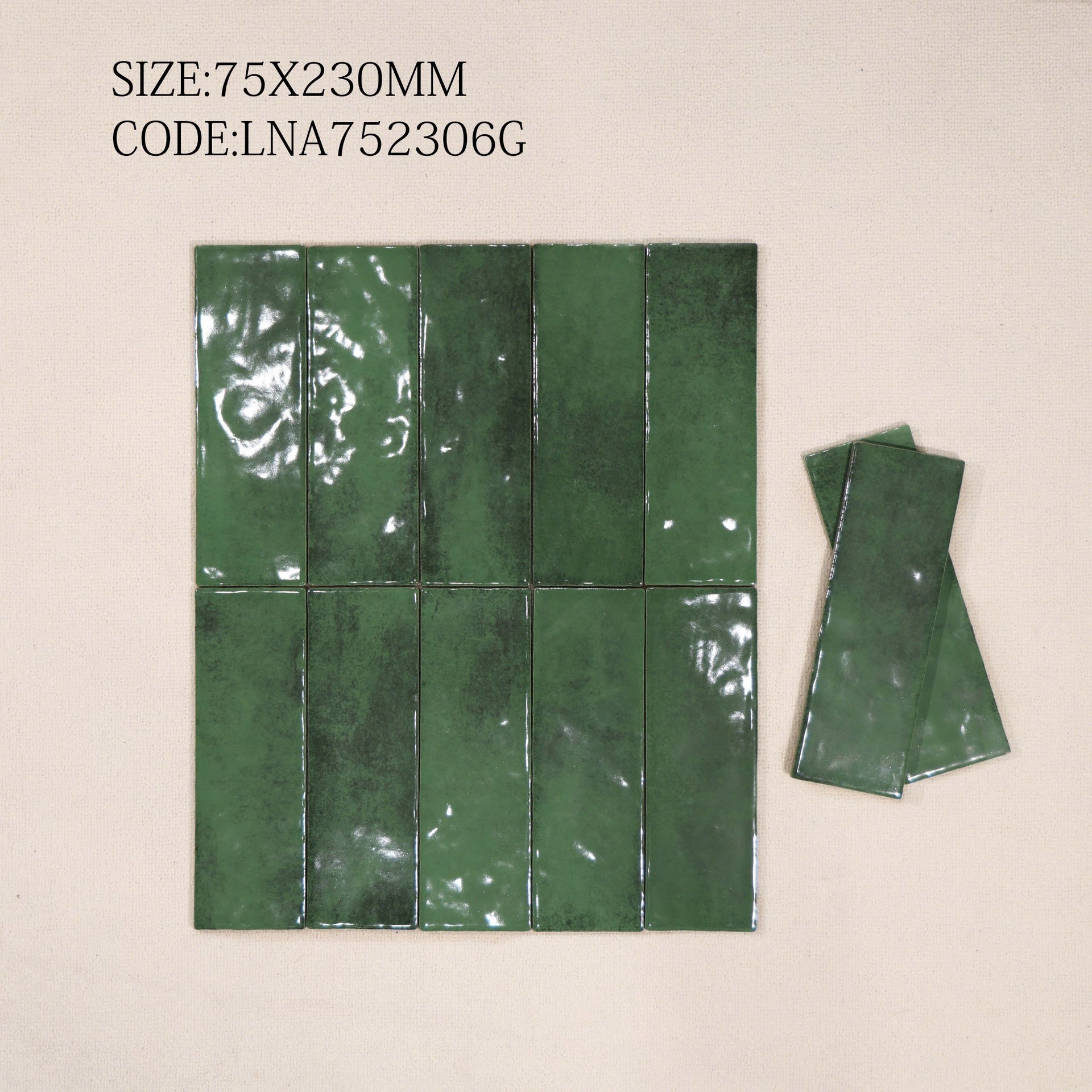 Green glossy glazed tile size 75x230mm 752306G
