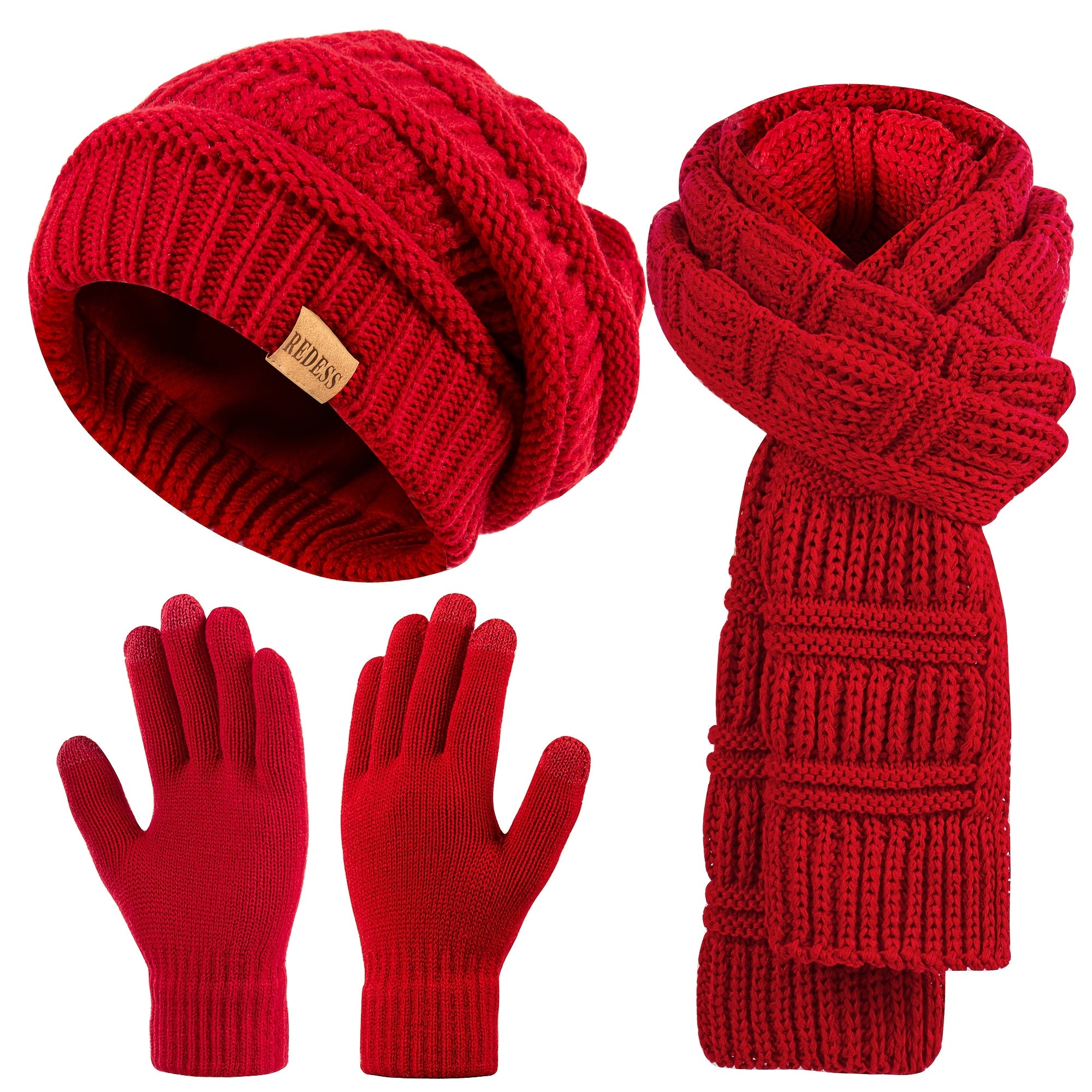 Women'S 3-in-1 Winter Set: Hat, Long Scarf &amp; Touchscreen Gloves - Soft Warm Neck Warmer, Elastic Fit for Smartphones/Camera Use, Elegant Solid Color (/PinkRed/) - Christmas &amp; Thanksgiving Gifts for Women, Durable &amp; Versatile