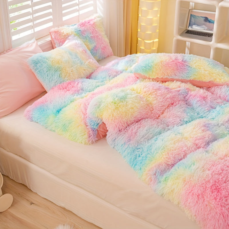 3pcs Y2K Tie Dye Plush Duvet Cover Set ( 1 Duvet Cover + 2 Pillowcase), Soft &amp; Warm Bedding Set