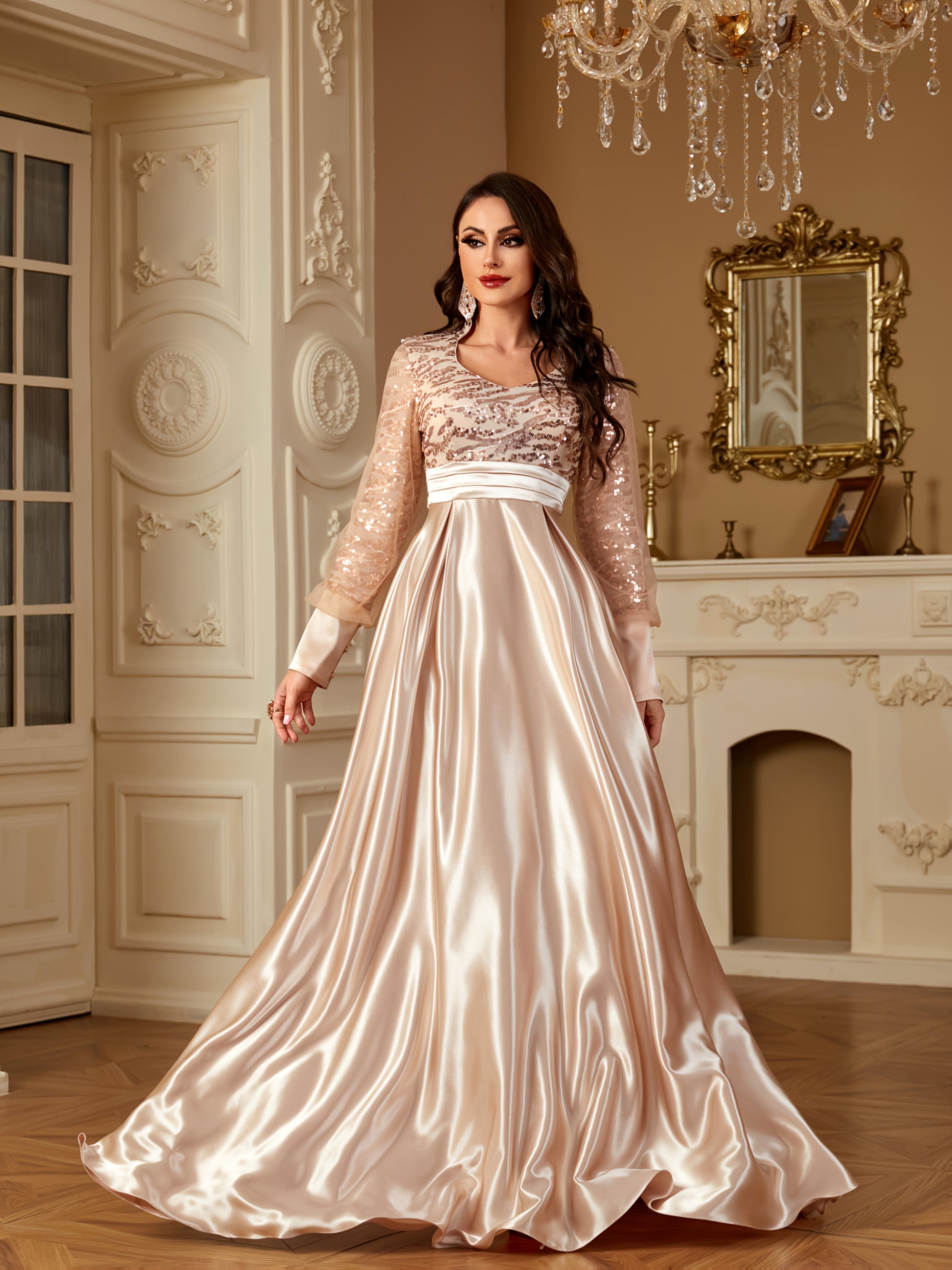 XUIBOL Women's Elegant Long Sleeve Satin Evening Gown - Waist-Cinching Slim Fit A-Line Dress with Sparkling Pearl & Sequin Embellishments, Round Neck Floor-Length Formal Party Dress for Weddings & Galas - Daisan Mart