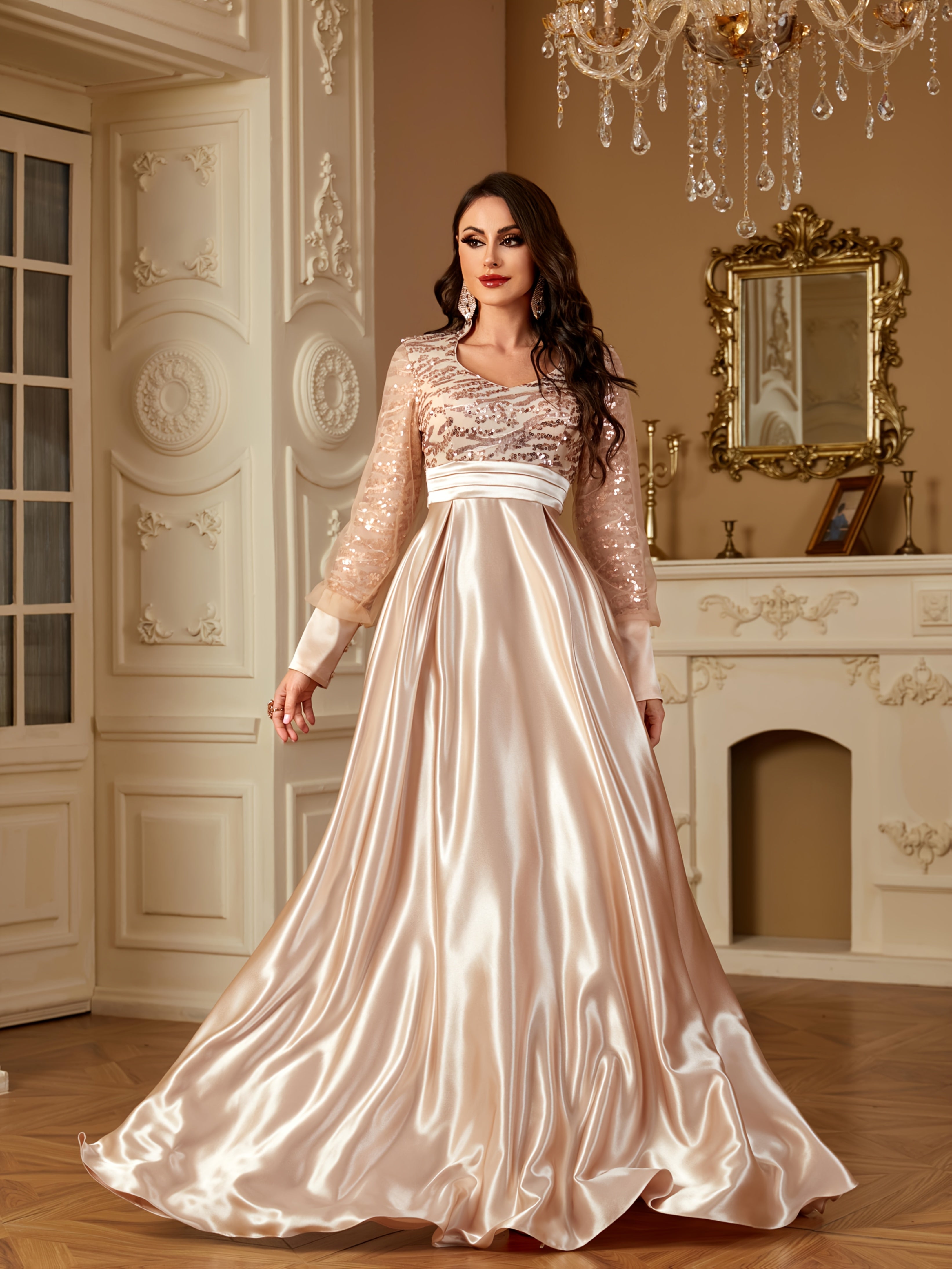 XUIBOL Women's Elegant Long Sleeve Satin Evening Gown - Waist-Cinching Slim Fit A-Line Dress with Sparkling Pearl & Sequin Embellishments, Round Neck Floor-Length Formal Party Dress for Weddings & Galas - Daisan Mart